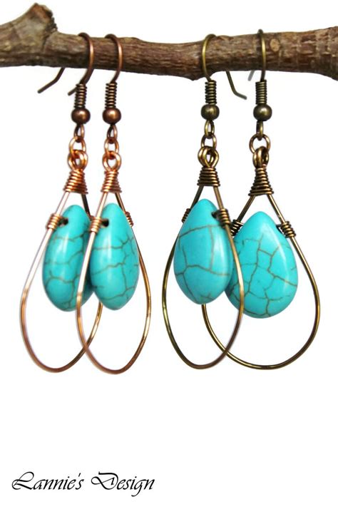 Turquoise Teardrop Dangling Earrings Antiqued Brass Copper Etsy