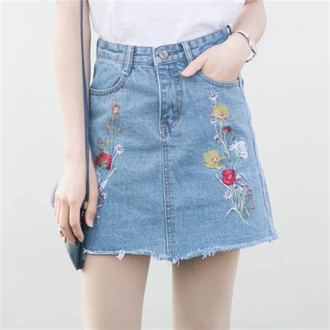 Women Flower Embroidery Denim Mini Skirts Distressed Pocket Bodycon