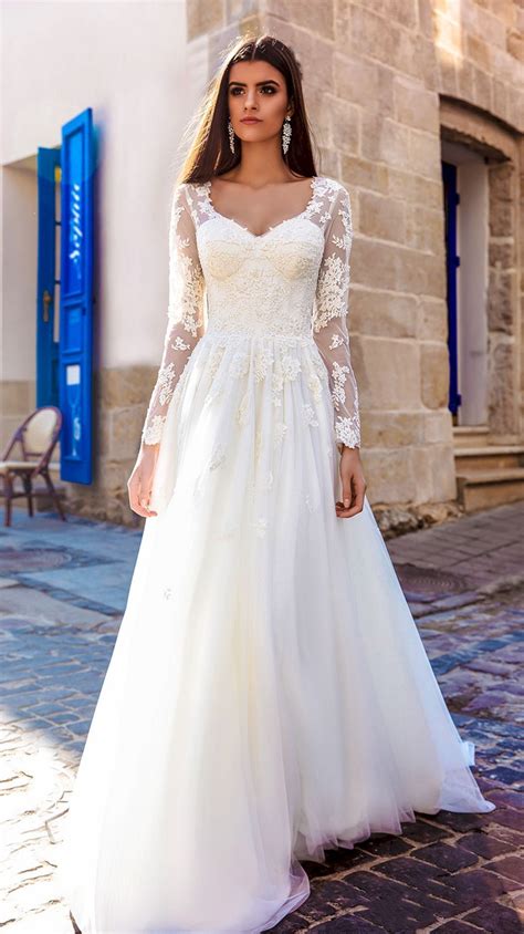 V Neck Lace Tulle Long Sleeves A Line Wedding Dresses Bridal Dresses With Appliques On Store