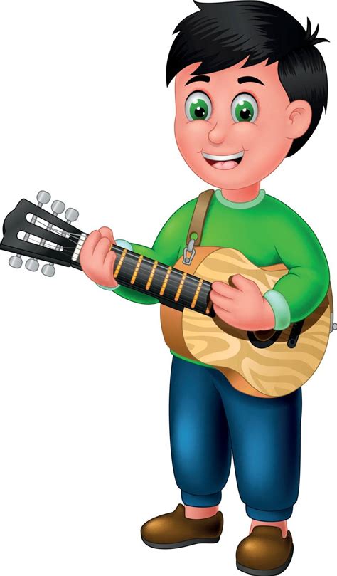 Funny Boy Playing Brown Acoustic Guitar With Smile Face Cartoon Stock