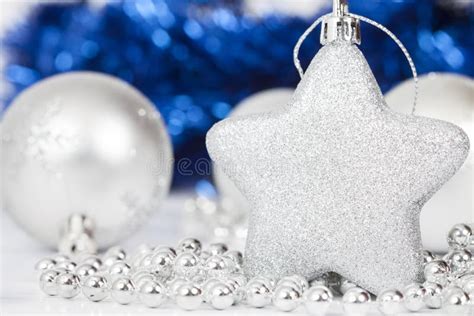 Sparkling Christmas Background With Silver Christmas Decorations Stock