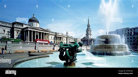 England London National Gallery And Fountain In Trafalgar Square Stock