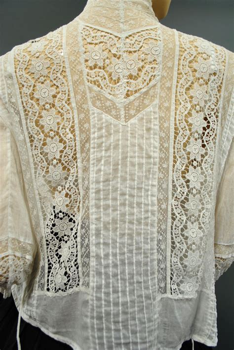 Antique 1900s Victorian Edwardian Lace Embroiderd Blouse High Neck