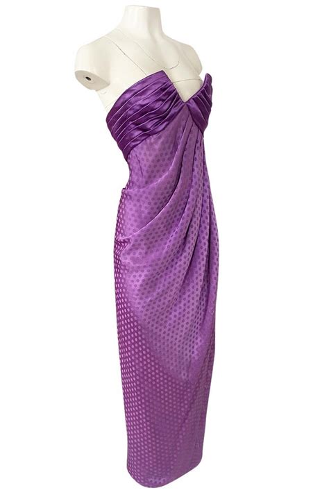 1980s Emanuel Ungaro Strapless Dotted Purple Fluid Silk Dress For Sale