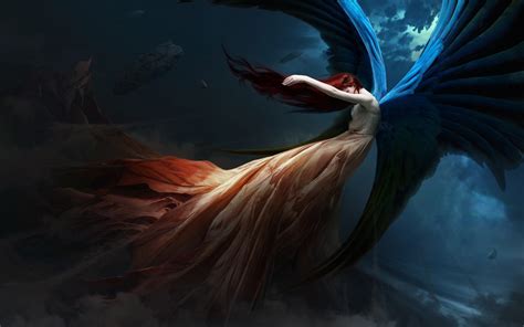 720p Fantasy Angel Luminos Wings Blue Orange Fallen Fallen Angel Girl Hd Wallpaper