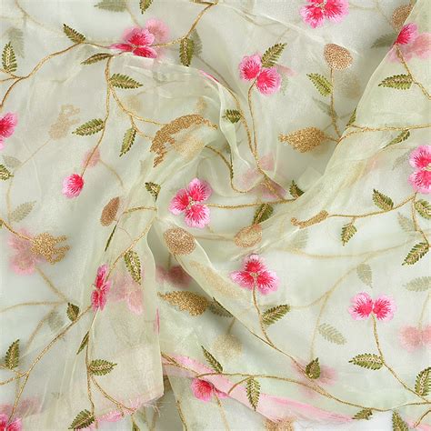 Buy Green Organza Fabric With Golden And Pink Floral Embroidery 50071