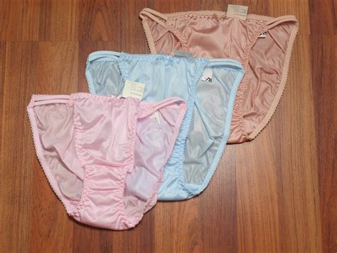 3 nylon string bikini panties feminine silky lingerie blue pink brown 34 37