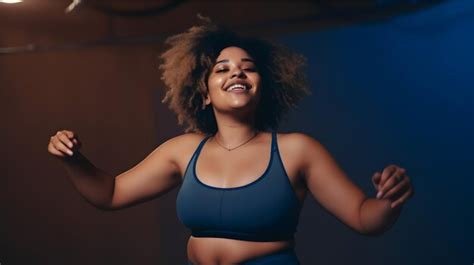 Premium Photo A Woman In A Blue Sports Bra Smiles And Smiles
