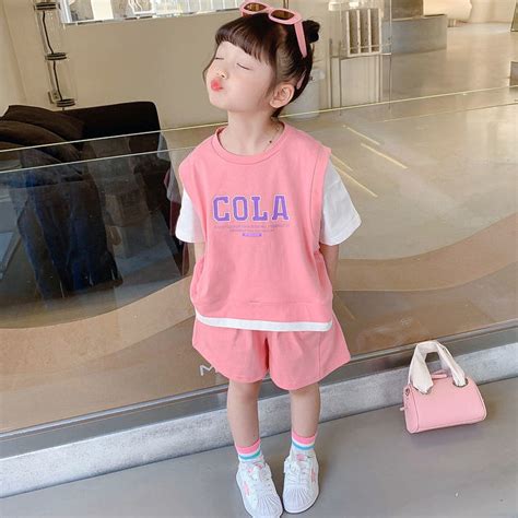 Cotton Girls Short Sleeved Suit Summer New Imitation Two Piece Set