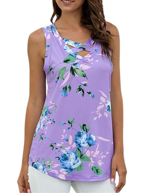 Wodstyle Womens Summer Tee Floral Sleeveless Tank Tops Beach Vest Loose Boho T Shirts