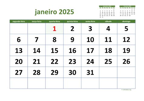 Calendário Janeiro 2025