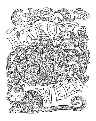 Halloween Kleurplaat Met Pompoen Halloween Vectorillustratie Met Uil