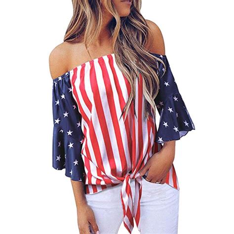 Feitong Womens Off Shoulder Independence Day T Shirt 4th Of July Usa Flag Print T Shirt Girl