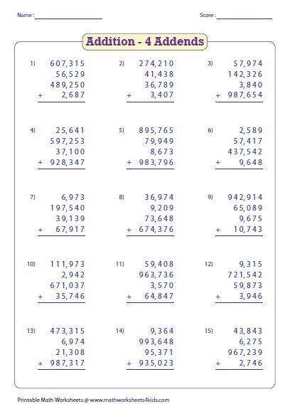 adding large numbers worksheets