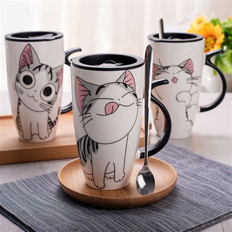 Cute Cat Style Ceramic Mugs With Lid And Spoon Cartoon Creative Moring