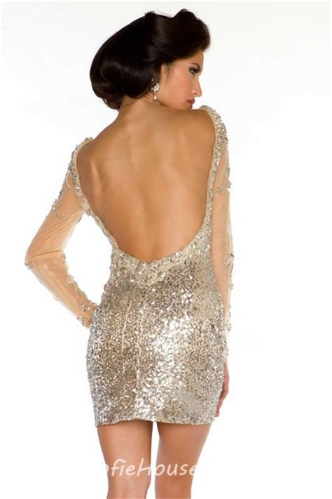 Sexy Backless Short Mini Champagne Sequin Beaded Long Sleeve Evening