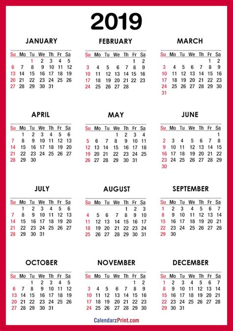 2019 Calendar Printable Free Red Sunday Start Calendarzprint