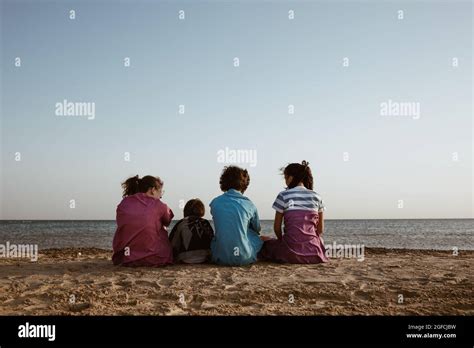 Groups Of Friends Sitting At The Beach Rear View Stock Photo Alamy