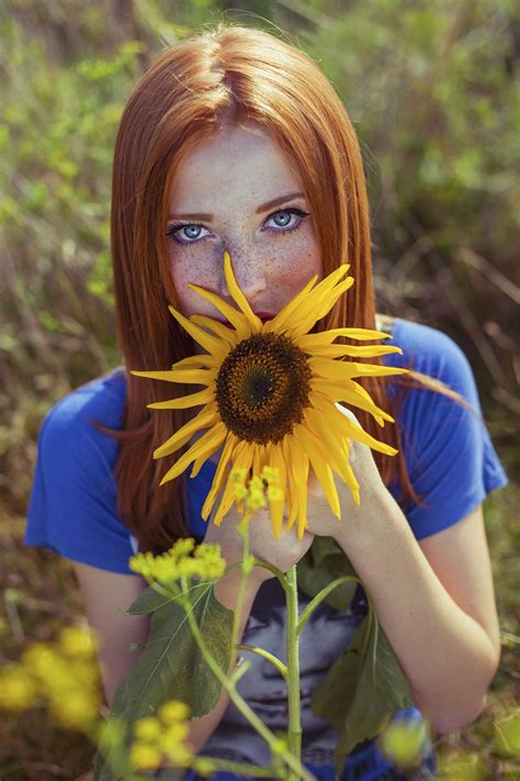 Women Blue Eyes Redhead Sunflowers Freckles Wallpapers Hd Desktop