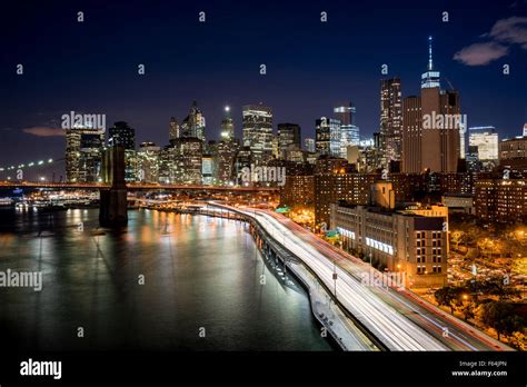 Cityscape At Night Of Lower Manhattan Financial District With