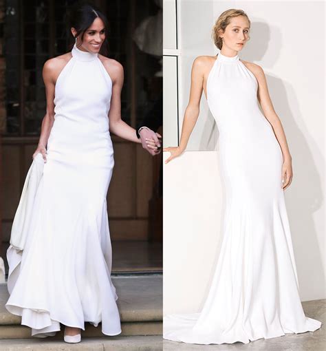 The prince wearing a black tuxedo and the bride wearing a bespoke stella mccartney silk crepe gown with a high neck collar. Stella McCartney's New Bridal Collection Includes Meghan ...