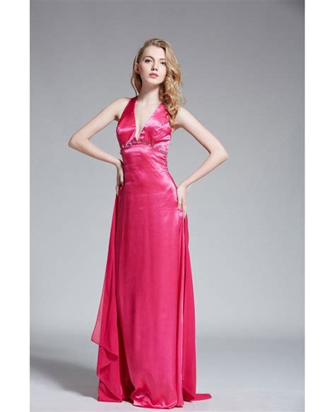 Sexy Deep V Neck Satin Long Open Back Evening Dress Kc55 586