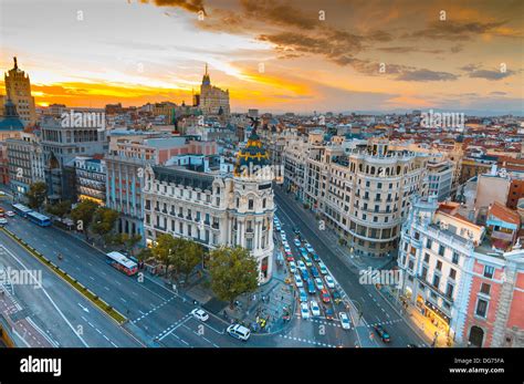 Panoramic Aerial View Of Gran Via Street In Madrid In Sunset Spain