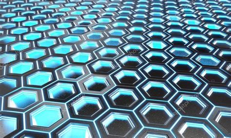 Glowing Black And Blue Hexagons Background Pattern On Silver Met
