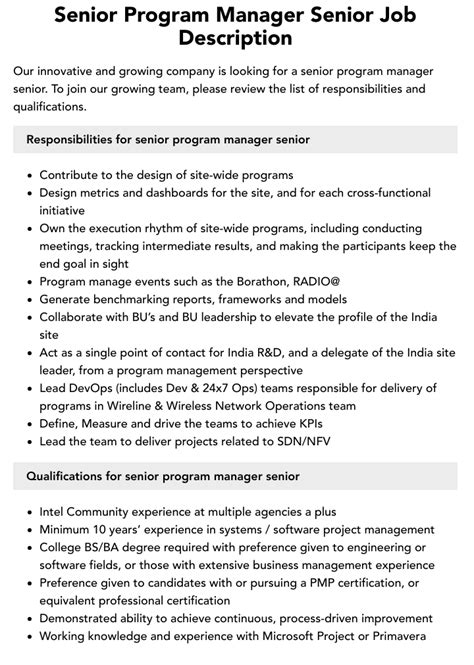 Senior Program Manager Senior Job Description Velvet Jobs