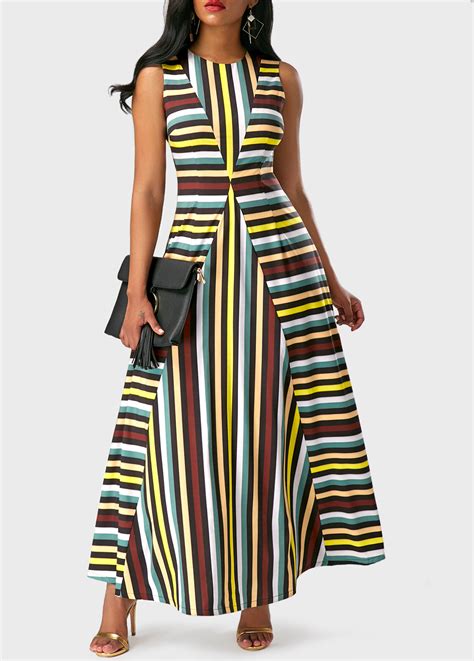 Sleeveless Stripe Print Round Neck Maxi Dress Usd 3533