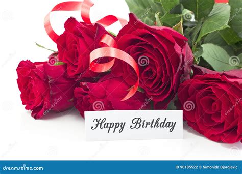 Happy Birthday Card With Bouquet Of Red Roses Stock Photo Image Of Petals Flowers