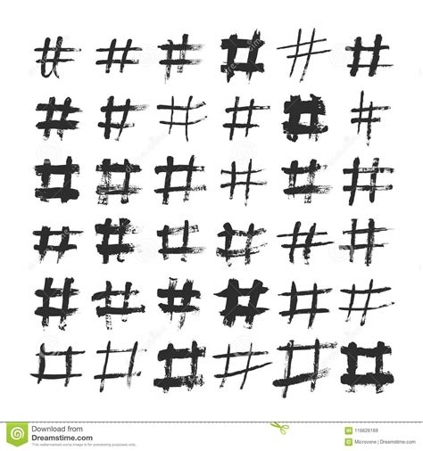 Hashtag And Number Ink Brushed Black Symbols. Hand Drawn Hash And ...