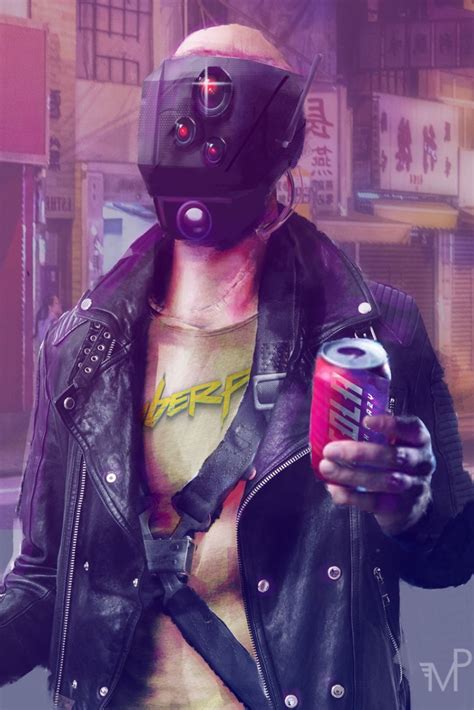 A Man In A Gas Mask Holding A Can Of Soda And Wearing A Leather Jacket