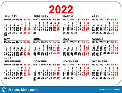 Calendar For 2022 Isolated On A White Background Cartoon Vector