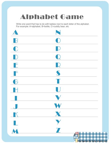 Free Printable Baby Shower Alphabet Game