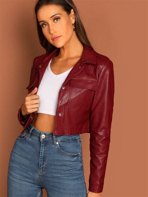 Pocket Patched Crop Pu Leather Jacket In 2021 Cropped Faux Leather