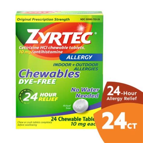 Zyrtec 24 Hour Allergy Relief Dye Free Chewable Tablets Cetirizine Hcl