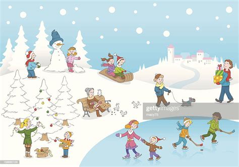 Christmas Winterscene Kids Playing Snow High Res Vector Graphic Getty