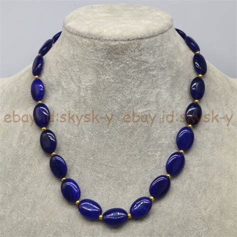 Dark Blue Jade 13x18mm Oval Gemstone Gold Spacer Beads Necklace