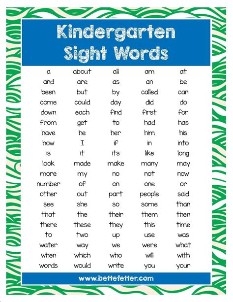 Kindergarten Sight Words List