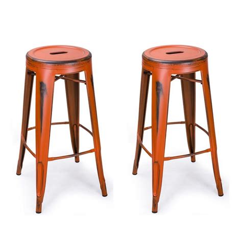 Adeco Antique-Style Orange 30-Inch Metal Bar Stools (Set ...