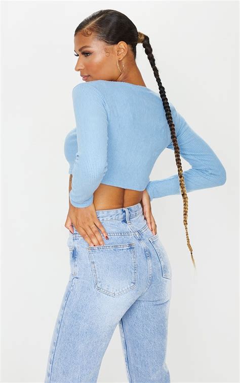 Blue Brushed Rib Ruched Front Long Sleeve Crop Top Long Sleeve Crop