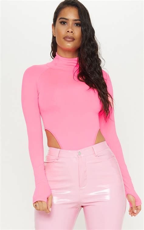 Neon Pink Slinky Bodysuit Tops Prettylittlething Aus