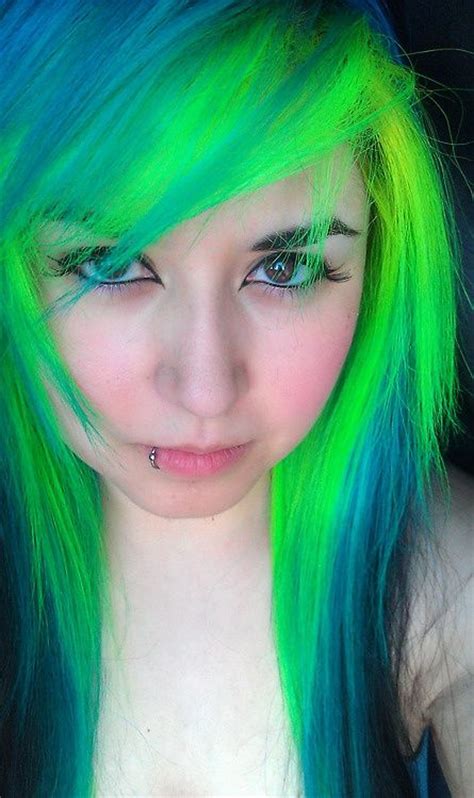 Neon Green Bangs Under A Faded Royal Blue Color Straightened Fusion