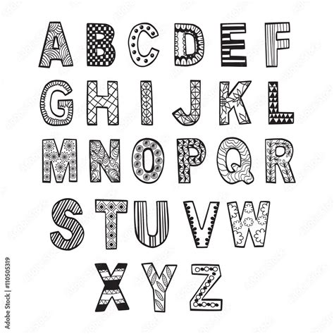 Hand Drawn Font In Doodle Style Vector Letters Set In Zentangle Style