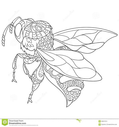 Printable spring coloring page with bee polluting flowers. Zentangle Stylized Bee Insect Stock Vector - Illustration ...