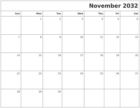 November 2032 Printable Blank Calendar