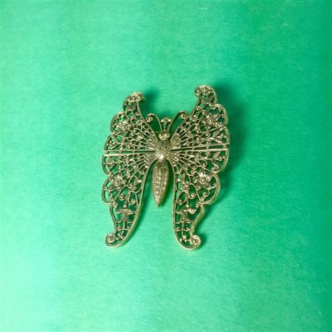 Vintage Gold Toned Butterfly Brooch Pin Gem