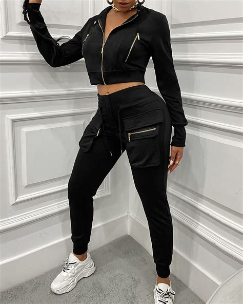 Zipper Design Crop Top Cargo Pants Sets Online Discover Hottest Trend Fashion At Chicme Com