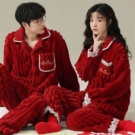 Couple Pajama Winter Fleece Pajamas Couple Red Pajamas Couples Couple Warm Pajamas